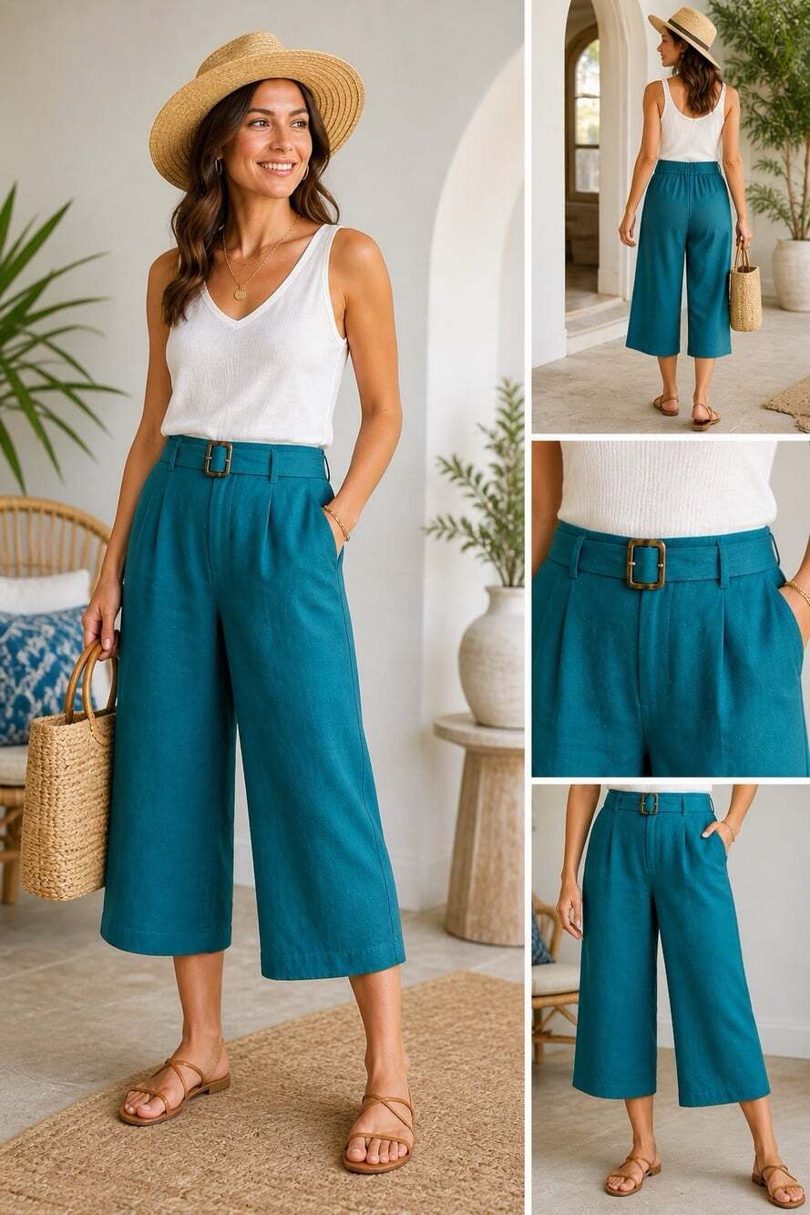 J.Jill Teal Linen Blend Culottes Women’s M/L High Rise Wide Leg Pants